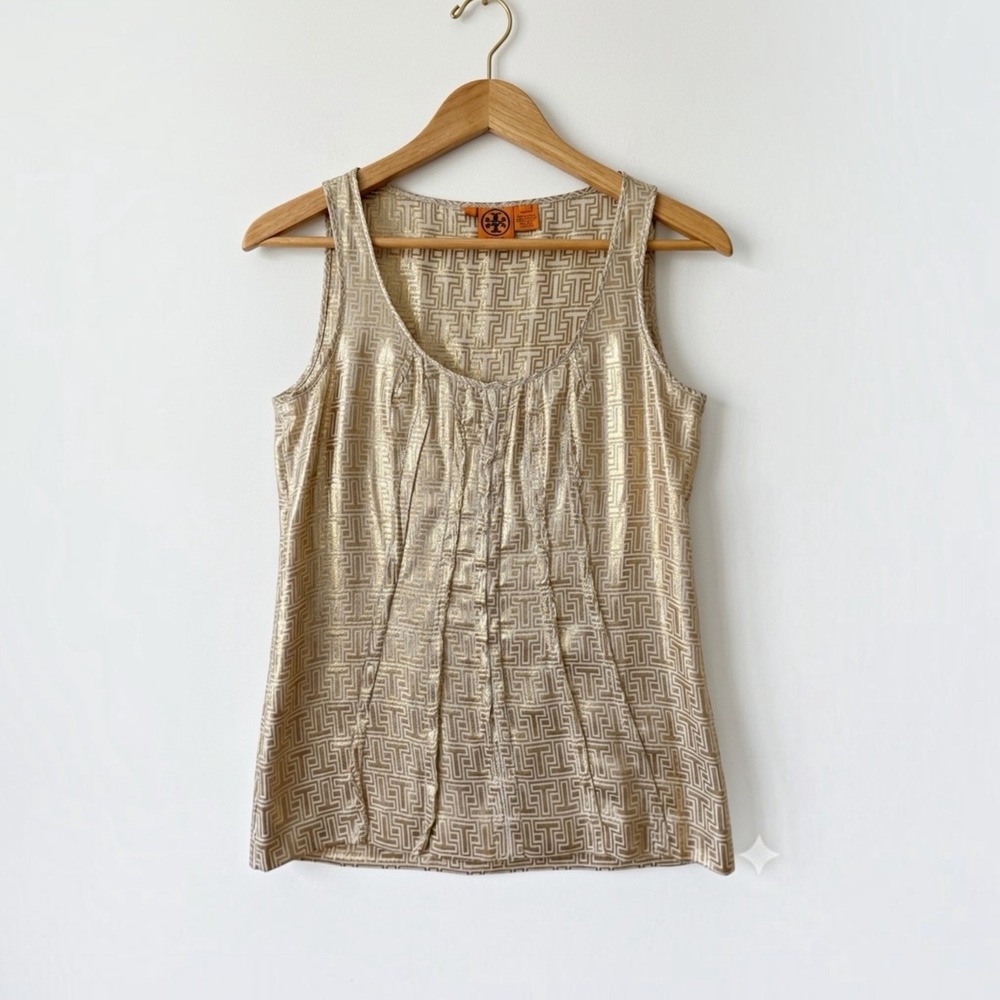 Tory Burch Gold Metallic Logo Tank Top Silk Blend Size 10